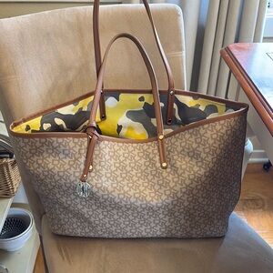 DKNY Brown and Yellow Tote Bag with Monogram Design